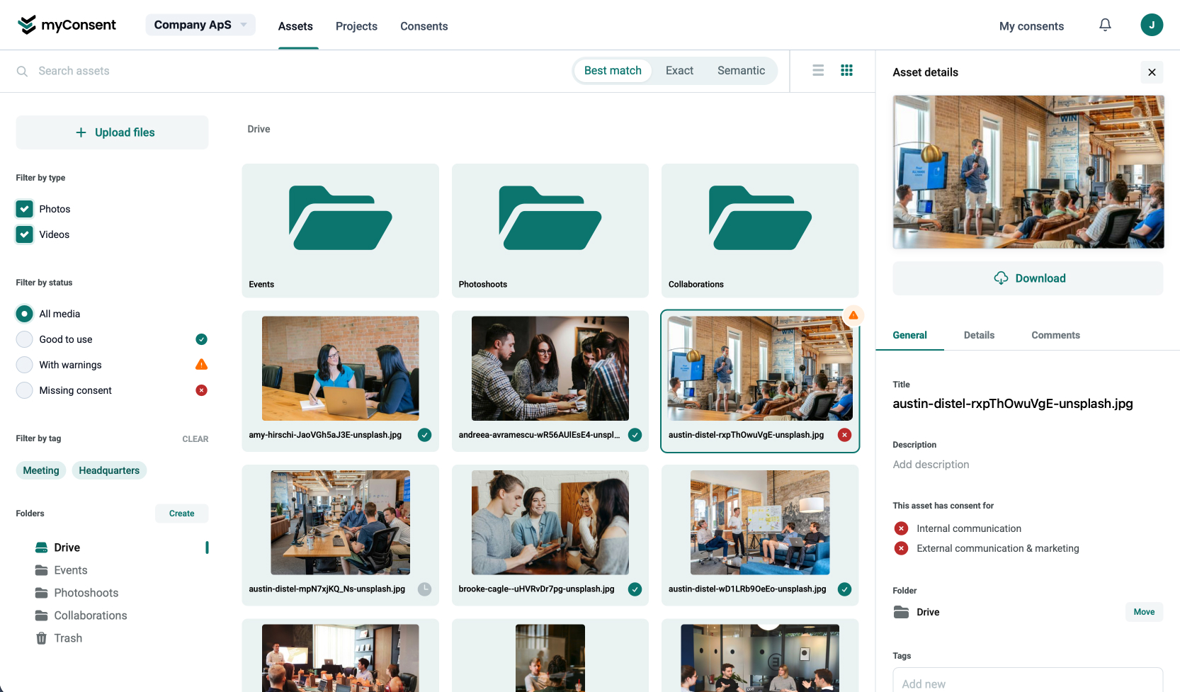 MyConsent workspace showing folders and status filters